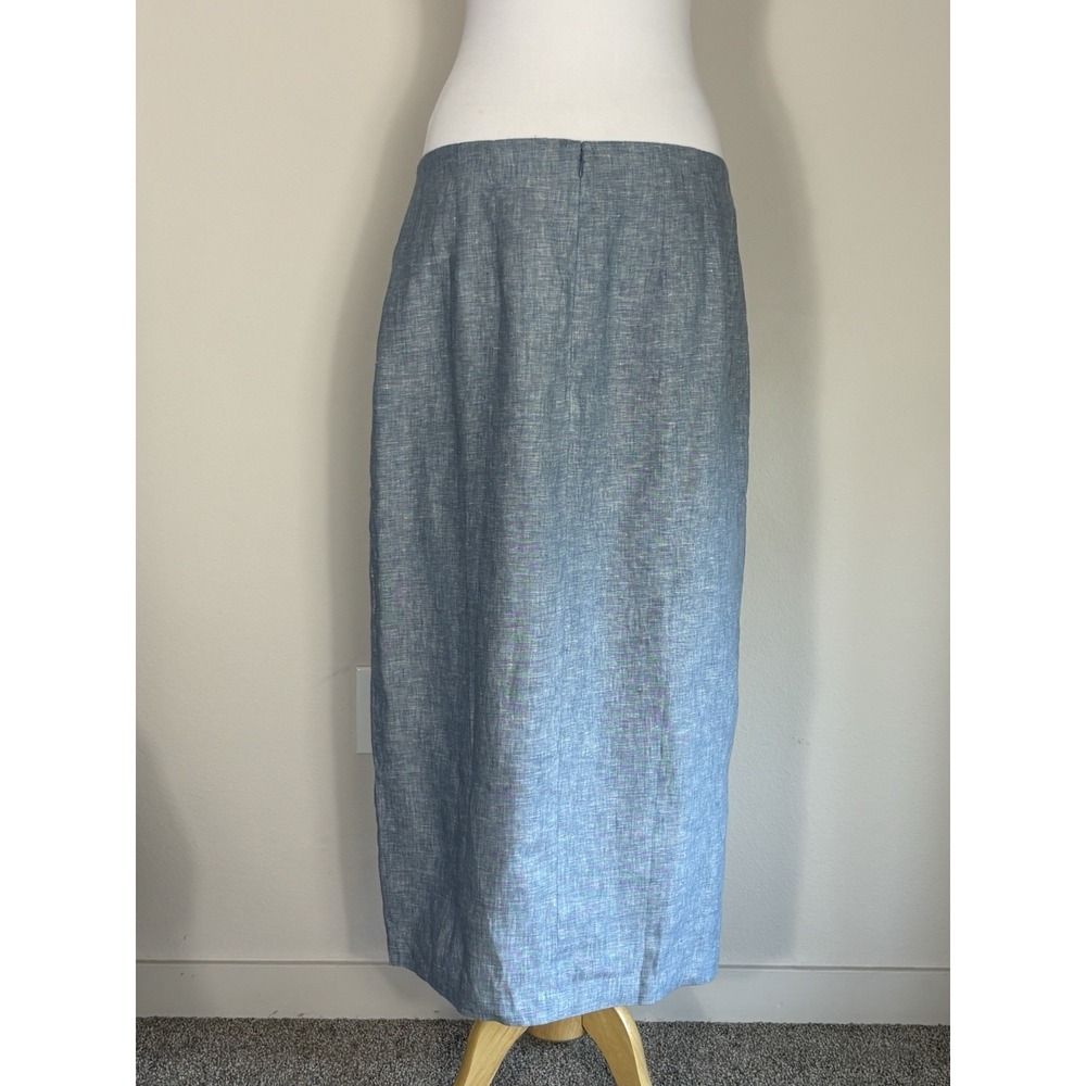 New Loft Linen Skirt Button Detail Midi Straight Split SZ 12 Chambray Blue - Picture 3 of 8